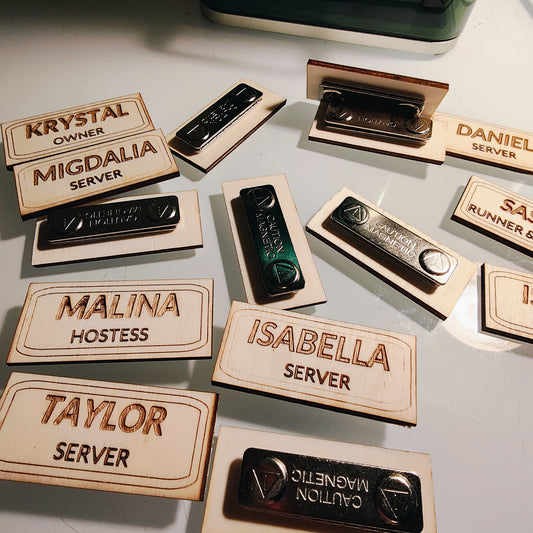 Custom Made Engraved wooden Restaurant Name Tags with Magnet